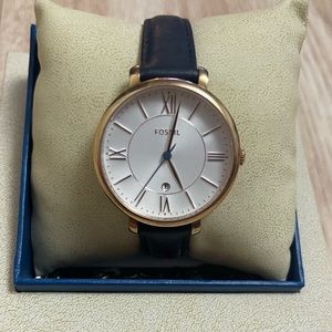 FOSSIL ES4140 Women's Blue Leather Analog Silver New Batt